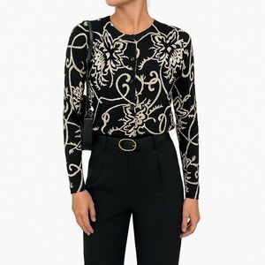 Gyn Black Beige Baroque Floral Knit Cardigan Sweater Womens Small S Button